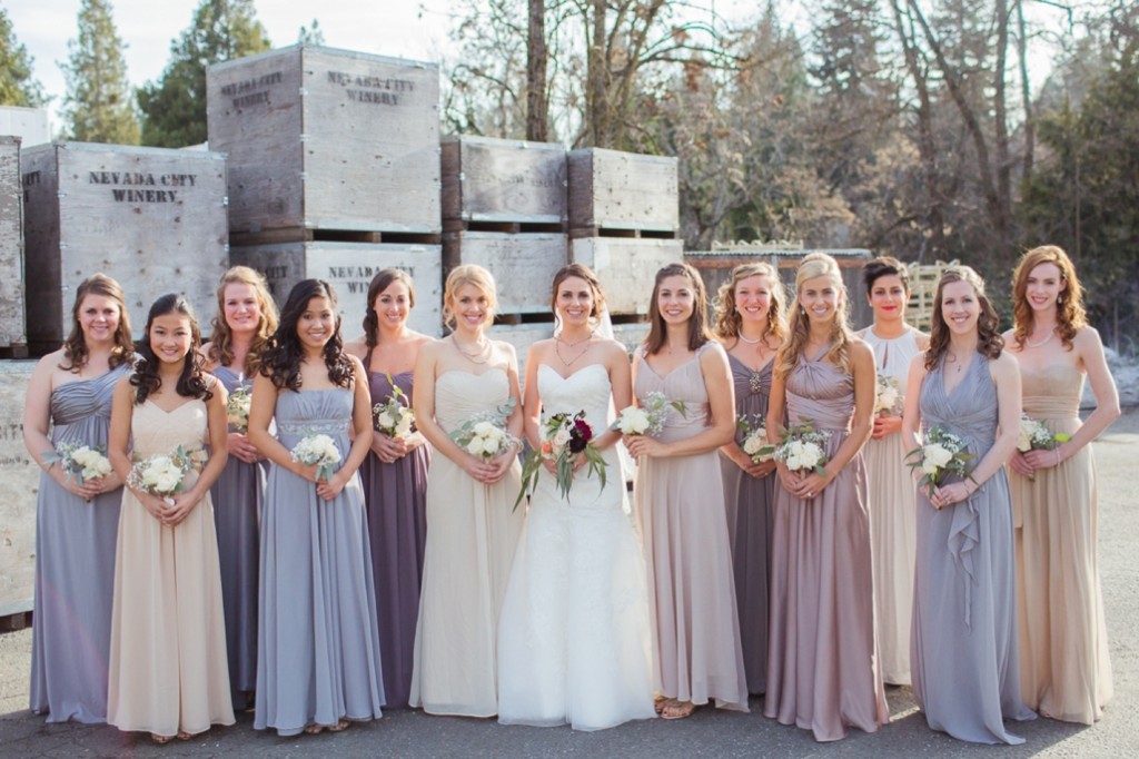 Dana Zacharia Jason Hinijosa love story Miners Foundry Nevada City Northern California rustic Wedding white twinkle lights Jessica Fairchild Photography winter wedding mismatched neutral bridesmaid dresses
