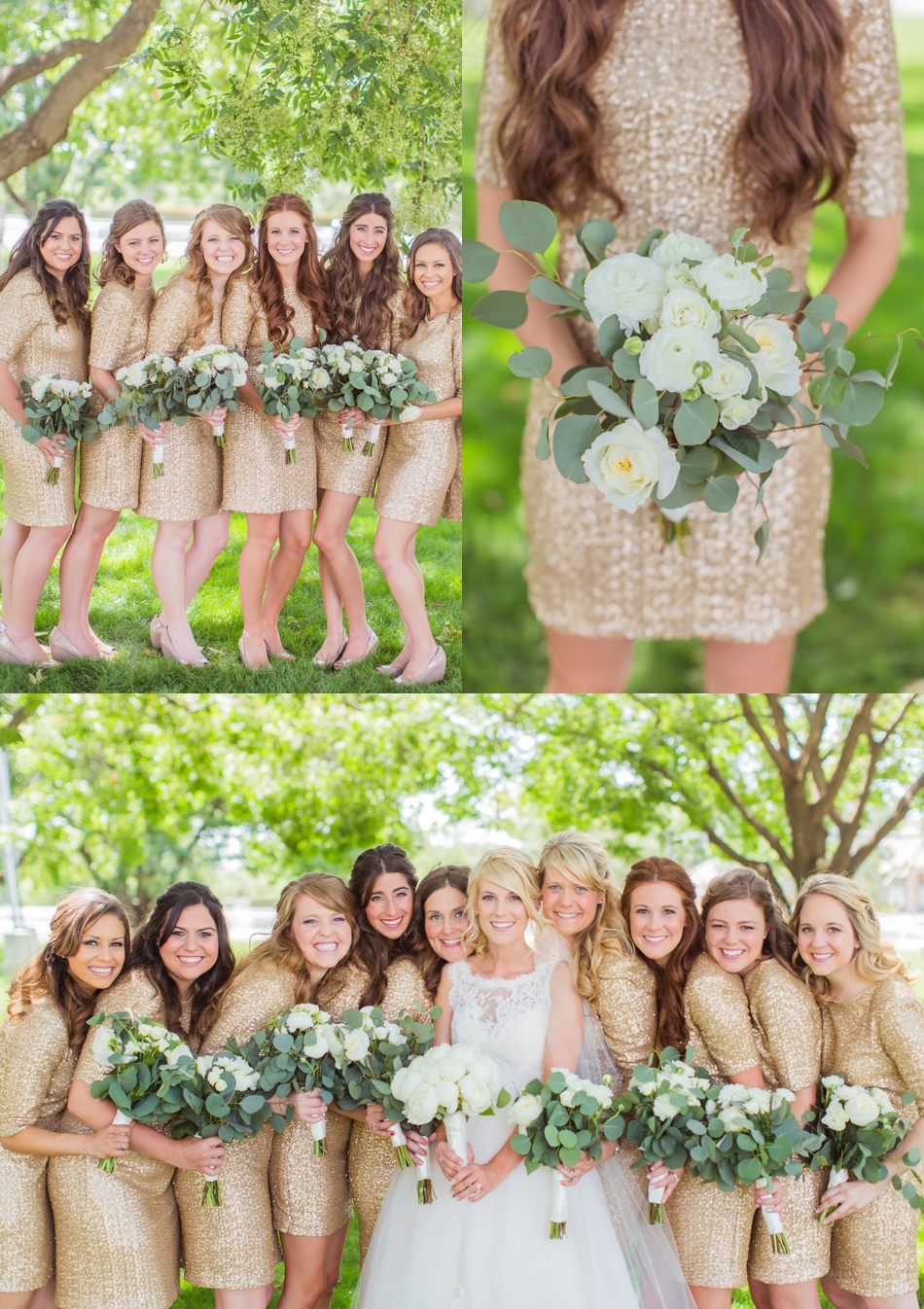 bridesmaids, gold sequins, white peonies, 