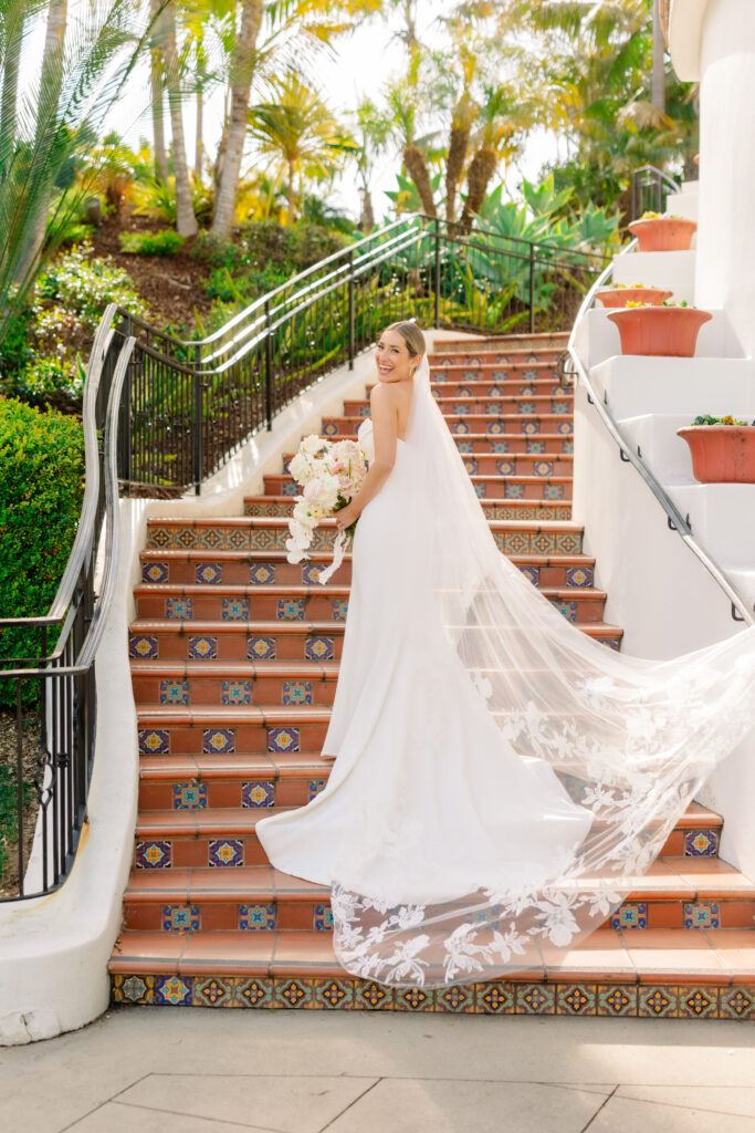 Bridal portrait on the stairs at the Bacara in Santa Barbara