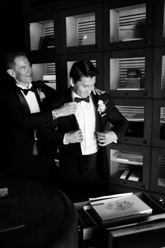 Groom and his father getting ready at the Bacara for his wedding