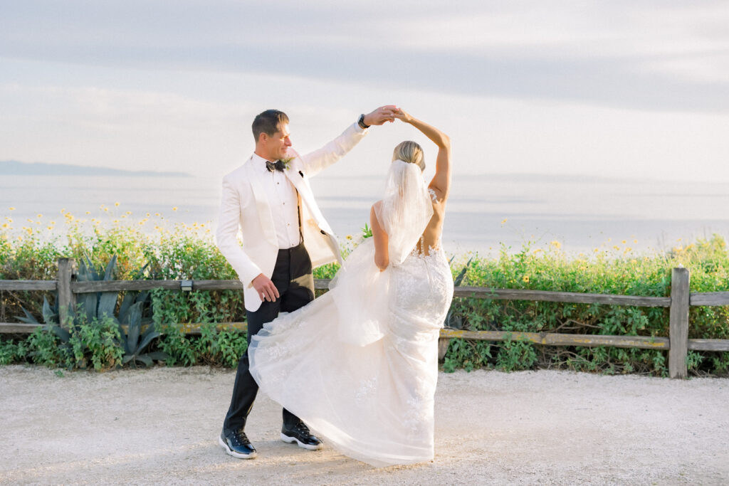 Sunset twirls at a Bacara Santa Barbara wedding