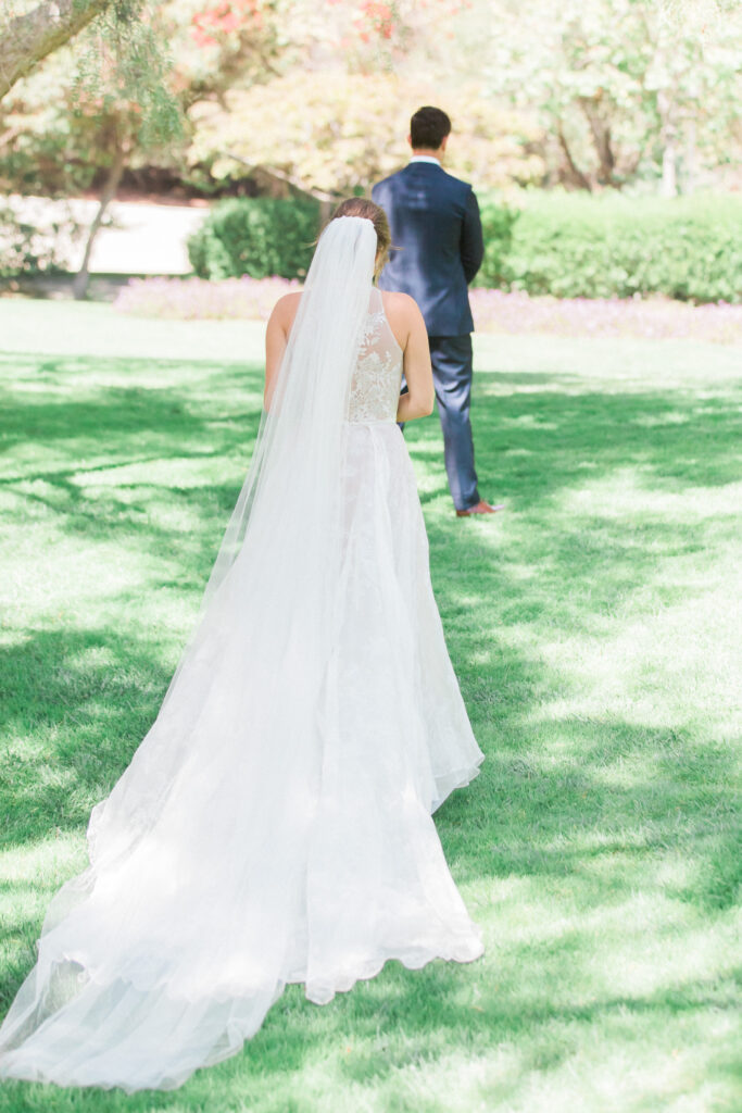 Bride walking to her first look at the Bacara