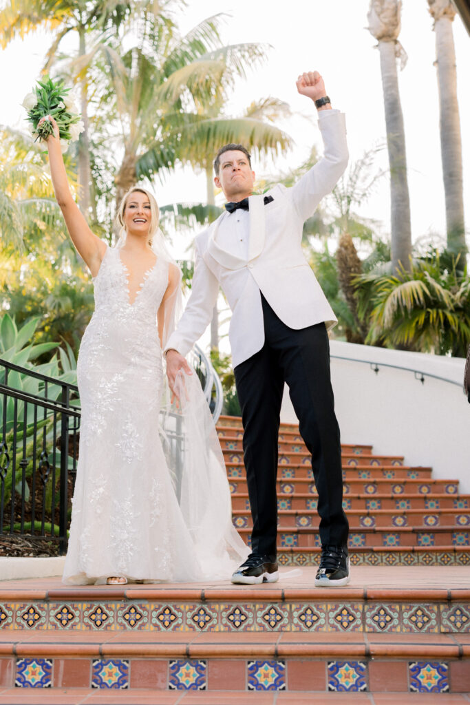 Bride and groom join cocktail hour at their Bacara wedding in Santa Barbara