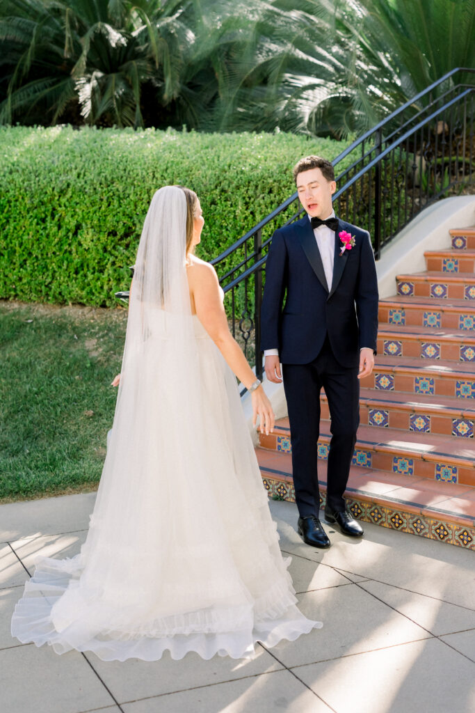 Groom reacts to his bride at the Bacara